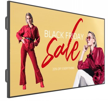 LG 98UM5K-B 98" UHD informationsskärm med Black Friday-tema LG 98UM5K-B UHD-modell 98-tums informationsskärm med Black Friday-reklam och två modeller i röda kläder på en ljus bakgrund...