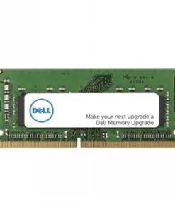 DELL SODIMM DDR5-minnesmodul 4800MHz 16GB, för bärbar dator. Grön DELL SODIMM DDR5-minnesmodul med en vit etikett och Dell-logotyp i mitten. Sedd framifrån.