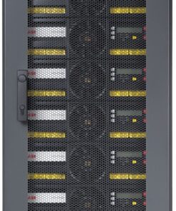ABB DPA UPSCALE ST 200kVA-enhet Rektangulär, hög svart UPS-enhet med en blå skärm och gula mönster på frontpanelen.