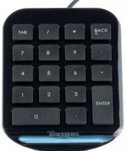 Mustapohjainen Targus-merkkinen langallinen USB-numeronäppäimistö, kulmikas muoto, numerot ja toimintonäppäimet, ylhäältä ...