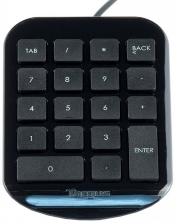 Mustapohjainen Targus-merkkinen langallinen USB-numeronäppäimistö, kulmikas muoto, numerot ja toimintonäppäimet, ylhäältä ...