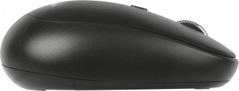 Targus Midsize Comfort antimikrobiell trådlös mus i sidoprofil Sidoprofil av svart trådlös mus från Targus, rundad design och grått scrollhjul.
