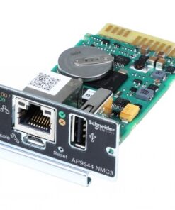 APC-nätverkskort för en fas, inkluderar USB- och Ethernet-anslutningar, grön kretskort och metalldelar.