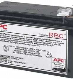 En svart rektangulär APC-batteri med rödvita märkningar och en grå kontakt.