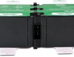 Grön och svart rektangulär APC-batteri, två anslutningar i mitten, framsida.