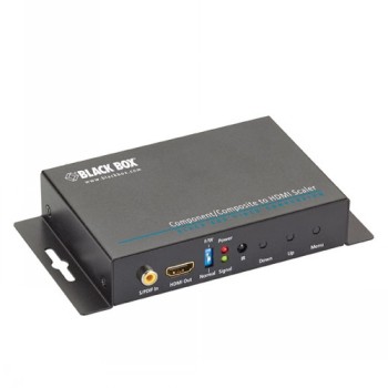 Black Box-komponent/composite-HDMI-skalare och -omvandlare Svart kapslad HDMI-skalare och -omvandlare med anslutningar på framsidan och Black Box-logotyp på locket.
