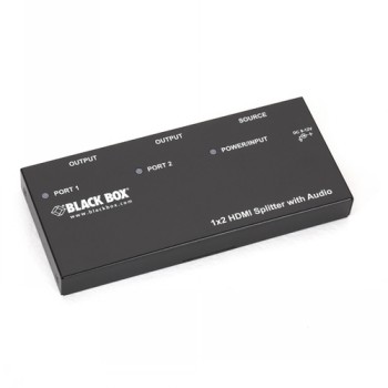 Svart rektangulär Black Box HDMI-splitter med port- och strömmärkningar i vitt.