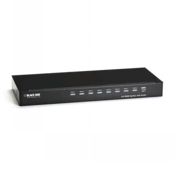 En svart rektangulär Black Box HDMI-splitter med 8 HDMI-portar och markeringar på framsidan.