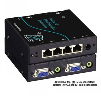 Svart Black Box-sändare med 4 RJ-45-portar samt två VGA- och ljudanslutningar, svart metallram.
