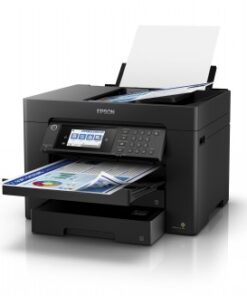 Svartvit multifunktionsskrivare Epson Workforce WF-7840DTWF med två pappersfack och pekskärm framtill.