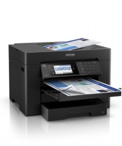 Svart Epson WorkForce WF-7830DTWF multifunktionsskrivare med LCD-bildskärm och öppna pappersfack, utskrivna papper...