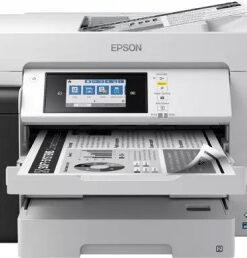 Epson EcoTank ET-16685 multifunktionsskrivare - innovativ och effektiv utskrift... Epson EcoTank ET-16685 svartvit multifunktionsskrivare med pappersfack och pekskärm i förgrunden.