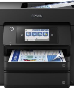 Svart Epson multifunktionsskrivare med pekskärm och två pappersfack, fotograferad framifrån.