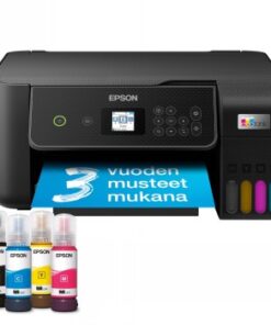 Epson EcoTank ET-2870 bläckstråleskrivare, svart, framsida, med bläckflaskor.
