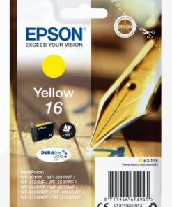 Epson Pen&C 16 gul bläckpatron - klar och precis utskriftskvalitet. Epson Pen&C 16 gul bläckpatron i sin förpackning, med en gyllene spets av en reservoarpenna i bakgrunden.