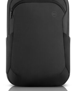 Svart Dell EcoLoop Pro-ryggsäck med reflekterande yta, handtag och dragkedjefickor.