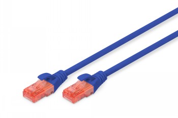 Blå CAT 6-nätverkskabel, 1 meter lång, med orange kontakter.