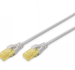 Digitus CAT 6A grå nätverkskabel 1 m, med RJ45-kontakter Grå 1-meter CAT 6A nätverkskabel, RJ45-kontakter i båda ändar, närbild från övre hörnet.