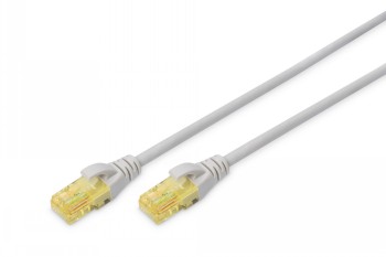 Grå 1-meter CAT 6A nätverkskabel, RJ45-kontakter i båda ändar, närbild från övre hörnet.