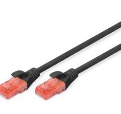 Digitus CAT 6 svart nätverkskabel, 1 m, röda kontakter Svart CAT 6-kabel på 1 meter med röda kontakter i båda ändar på vit bakgrund.