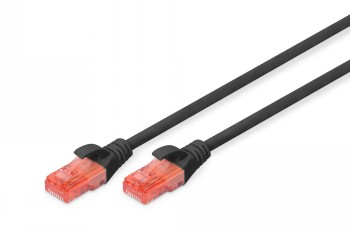 Svart CAT 6-kabel på 1 meter med röda kontakter i båda ändar på vit bakgrund.