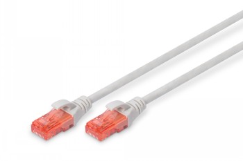 Grå CAT 6 U-UTP nätverkskabel, 1 meter, med orange kontakter i horisontellt läge.