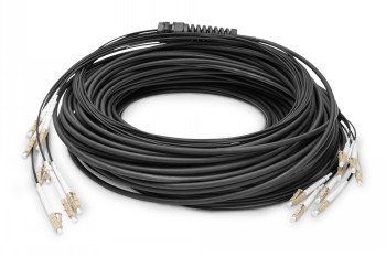 Svart Digitus breakout-kabel med åtta fiberkärnor, LC/UPC-kontakter i båda ändarna.
