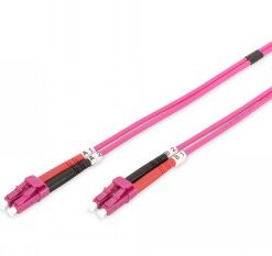 Rosa FO-patchcord-kabel med LC-LC-kontakter, längd 1 meter, två parallella ledare.