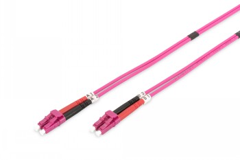 Rosa FO-patchcord-kabel med LC-LC-kontakter, längd 1 meter, två parallella ledare.