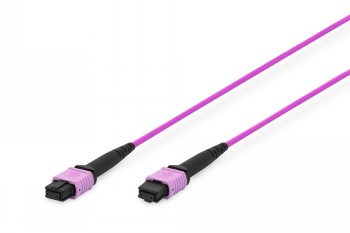 Två violetta fiberoptiska kablar med MPO-kontakter mot en vit bakgrund.