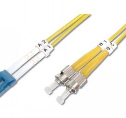 Gul duplex LC-ST fiberkabel med blå och silverfärgad kontakt, längd 2 meter.