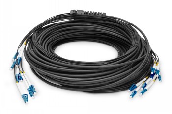Digitus Breakout-kabel 8 fiber, SM G.657.A1 - svart med LC-kontakter Svart breakout-kabel lindad i en rulle med blå LC-kontakter och gula markeringar.
