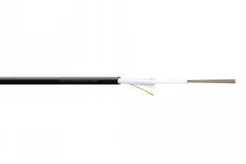 Svartskalad mångmodig fiberoptisk kabel, 12 fibrer, vit kärna, sedd direkt från sidan.