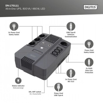 DIGITUS ALL-IN-ONE UPS, 800VA/480W, LED 12V/9AH X1, 4X CEE 7/7,3X IEC C13, USB, RJ45