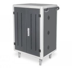 Grå och vit laddningsvagn med fyra hjul och ventilationsöppningar på frontpanelen.