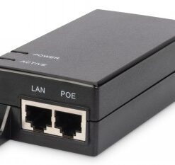 Svart rektangulär PoE-injektor med LAN- och POE-portar på framsidan, märkta Power och Active.