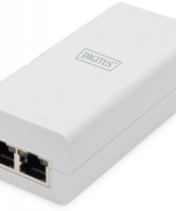 Vit, liten Gigabit Ethernet PoE+ injektor, två RJ45-portar på framsidan.