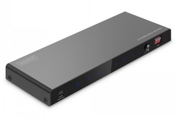 Digitus 1x4 HDMI-splitter, 8K/60 Hz - elegant och kompakt design Svart Digitus 1x4 HDMI-splitter 8K/60 Hz, platt rektangulär enhet med blå LED-lampor.