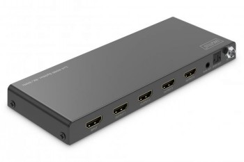 DIGITUS 1X4 HDMI-splitter, 8K/60Hz - kompakt och effektiv lösning Rektangulär svart 1x4 HDMI-splitter med fyra HDMI-portar och metallfinish.