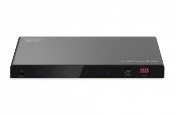 Digitus 1x4 HDMI-splitter, 8K-stöd och elegant design Digitus 1x4 HDMI-splitter, platt svart enhet med LED-indikatorer och anslutningar på frontpanelen.