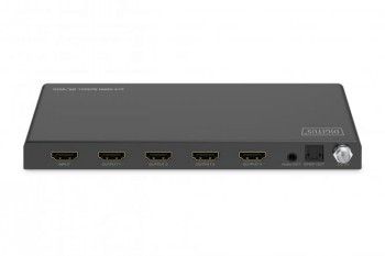 DIGITUS 1X4 HDMI-splitter 8K/60Hz - effektiv anslutningslösning Svart rektangulär DIGITUS 1X4 HDMI-splitter med fyra HDMI-utgångar och en HDMI-ingång.