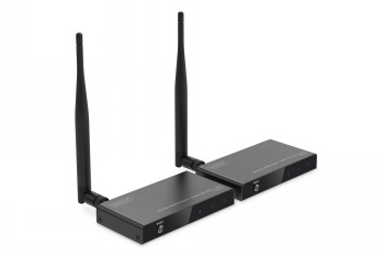 Digitus trådlös HDMI Extender/Splitter - trådlöst HDMI-delningskit Två svarta trådlösa HDMI-sändare och mottagare med stående antenner, på en vit bakgrund.