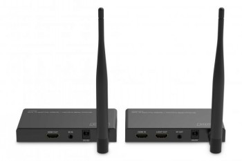 Digitus Wireless HDMI Extender/Splitter Set - elegant och funktionell lösning Trådlös HDMI-sändare och mottagarset med två svarta enheter och antenner, placerade bredvid varandra på en vit bakgrund...