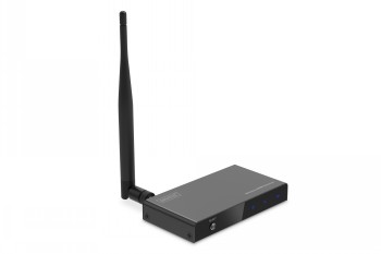 Antenner och anslutningar på den svarta och kompakta trådlösa HDMI-mottagaren är synliga.