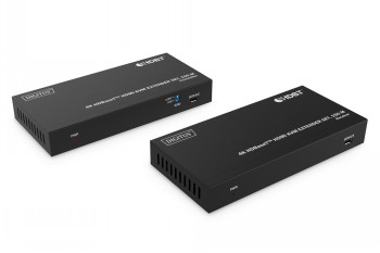 Två svarta rektangulära Digitus HDBaseT KVM Extender-enheter med ventilationsöppningar och portar. Fotograferade snett från sidan...