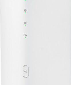 Vit vertikal 5G-router med LED-lampor och slät frontpanel.