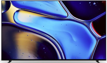 55-tums SONY OLED 4K-bildskärm med svarta kanter och en färgglad, abstrakt skärm.