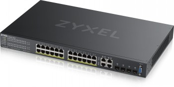 Zyxel GS2220-28HP 24-portars PoE-switch (5 års garanti) Svart 24-portars PoE-nätverksswitch med grå logotext och tydlig portlayout på frontpanelen.