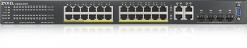 Zyxel GS2220-28HP nätverksswitch, 24-portars, PoE-stöd och GB-uplinkar En svart 24-portars nätverksswitch av märket Zyxel med PoE-anslutningar och GB-uplink-portar, sedd framifrån.
