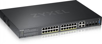 Zyxel GS2220-28HP - 24-portars PoE-switch för professionellt bruk Svart, rektangulär Zyxel GS2220-28HP-switch med 24 portar och tydliga LED-lampor på frontpanelen.